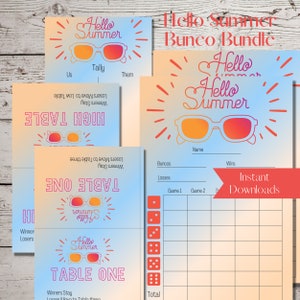 Bunco-bundel met afdrukbare Hello Summer-zonnebril: scorekaarten, bladwijzers en tabelnummers