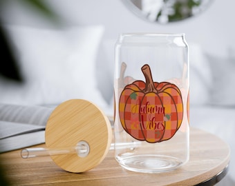 Autumn Vibes Pumpkin Glass Can, Fall Glass Cup with Bamboo Lid and Straw, Pumpkin Spice Tumbler, Thanksgiving Gift