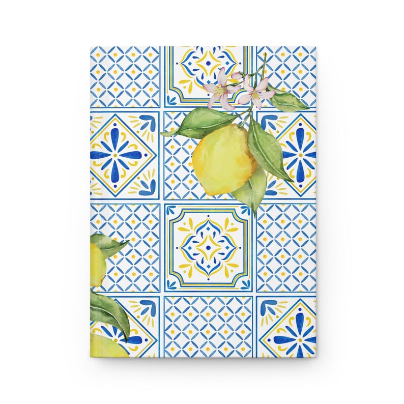 Mediterranean Lemon Hardcover Journal, Blue Yellow Italian Tile Notebook, 150 Lined Pages, Amalfi Coast Gift image 2