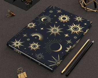 Diario con copertina rigida, tema celeste nero e oro, quaderno di astrologia con sole, luna e stelle, 150 pagine a righe, regalo dallo stile stregonesco.