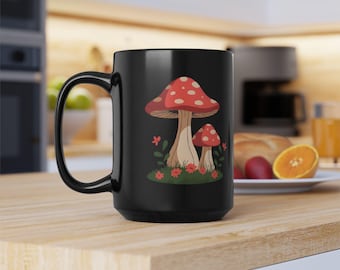Cottagecore Mushroom Mug, Black Toadstool Coffee Cup, Woodland Mushroom Mug, Goblincore Gift, Nature Lover Gift