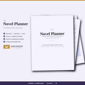 May include: A digital workbook titled The Novel Planner, From first spark to final draft. The white cover features dark text and lists features including brainstorm, characters, world, structure, subplots, timeline, revision, and publishing checklists.