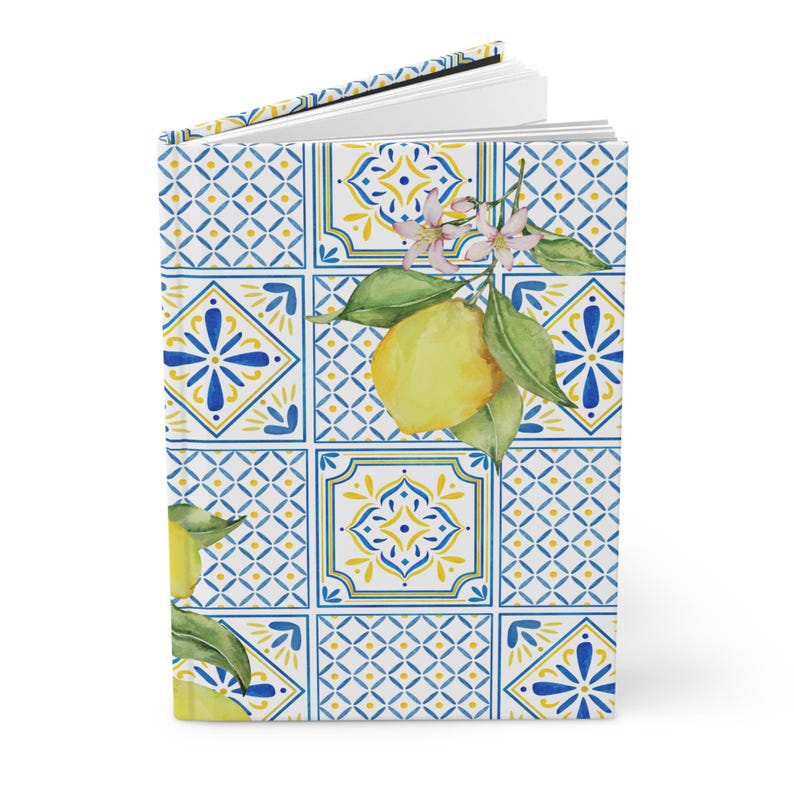 Mediterranean Lemon Hardcover Journal, Blue Yellow Italian Tile Notebook, 150 Lined Pages, Amalfi Coast Gift image 4