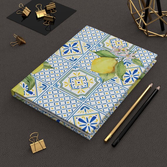 Mediterranean Lemon Hardcover Journal, Blue Yellow Italian Tile Notebook, 150 Lined Pages, Amalfi Coast Gift