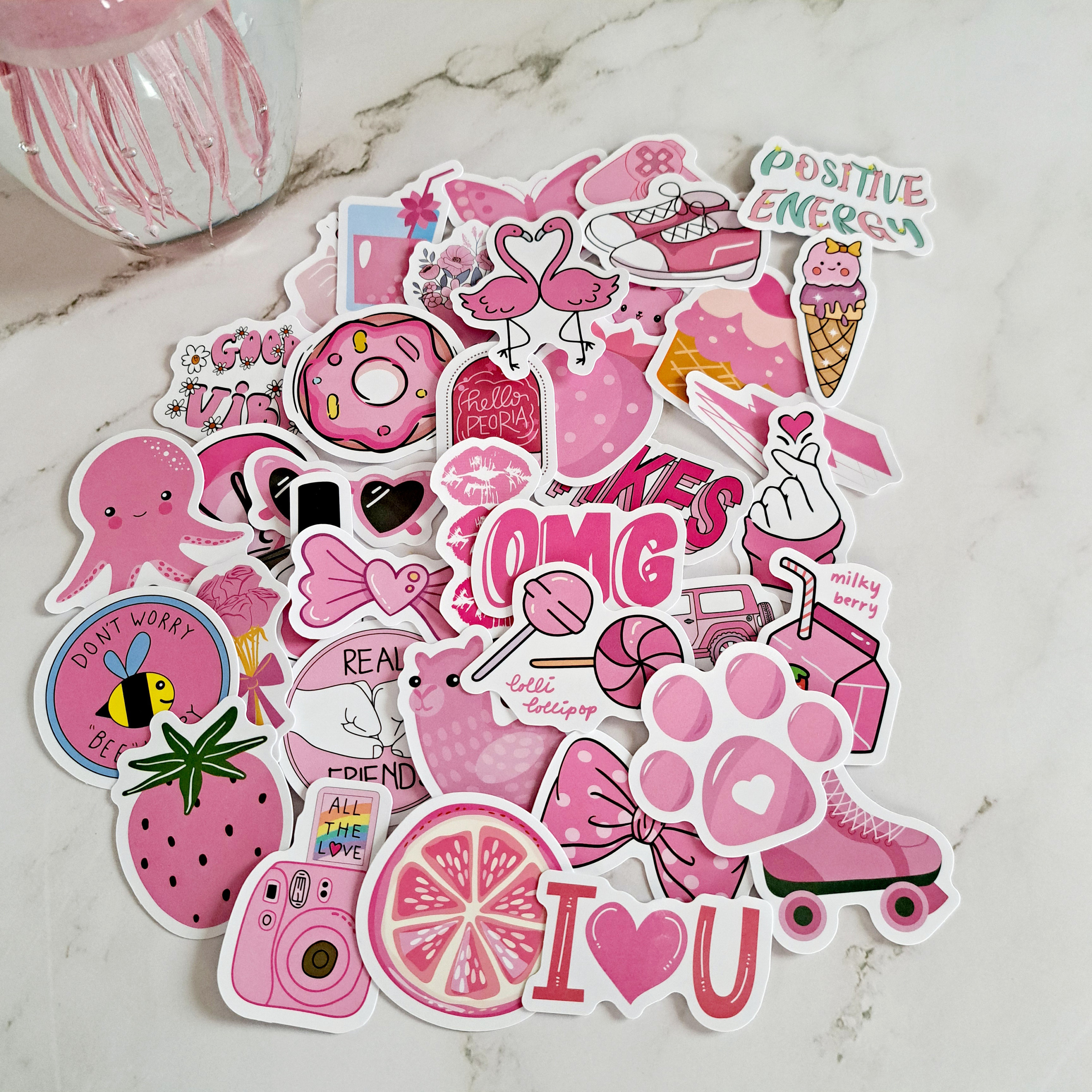 Waterproof Mini Pink Sticker Pack| Pack of 6| Planner Stickers| Water Bottle| Notebook| Laptop