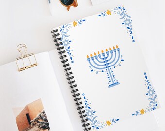 Hanukkah Spiral Notebook, Menorah Journal, Jewish Holiday Gift, Blue and Gold Judaica Notebook