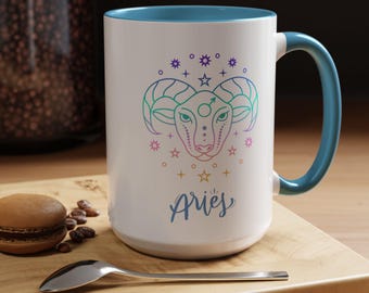Colorful Aries Zodiac Mug, Astrology Accent Coffee Cup, Ram Star Sign Gift, March April Birthday Gift, Horoscope Lover