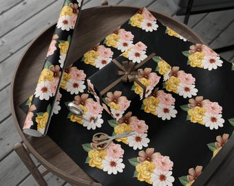 Papel de embrulho floral preto, estilo vintage, ideal para aniversários, casamentos ou outras ocasiões especiais. Elegante papel floral escuro.