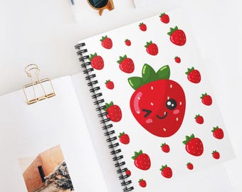 Strawberry Spiral Notebook, Cute Kawaii Journal, Fruit Writing Notebook, School Stationery, Strawberry Lover Gift