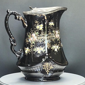 Antique 1892 Samuel Johnson Burslem SJB Black Lidded Jug Pitcher, Victorian Ceramic with Pewter Lid, English Pottery