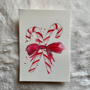 Weihnachtskarte - Zuckerstangen & Schleife - aquarell
