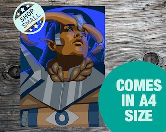 May include: A digital illustration of a person with blue and silver armor, horns, and a third eye. The background is blue with a glow around the person. The image is in a digital art style.
