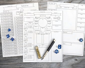 May include: A black and white character sheet with a pen and dice. The sheet is labeled "Spelicasting" and has sections for character name, stats, skills, and spells. The sheet is on a wooden table.