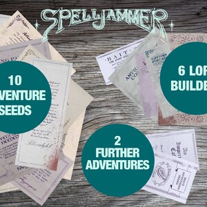 May include: A teal green background with a wooden texture. There are 10 stacks of paper with handwritten text that say "10 Adventure Seeds". There are 6 stacks of paper with handwritten text that say "6 Lore Builders". There are 2 stacks of paper with handwritten text that say "2 Further Adventures".