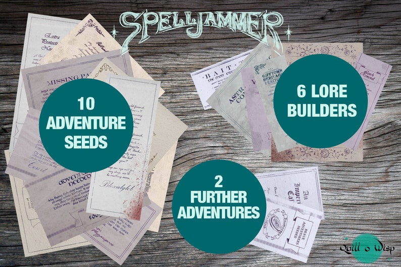May include: A teal green background with a wooden texture. There are 10 stacks of paper with handwritten text that say "10 Adventure Seeds". There are 6 stacks of paper with handwritten text that say "6 Lore Builders". There are 2 stacks of paper with handwritten text that say "2 Further Adventures".