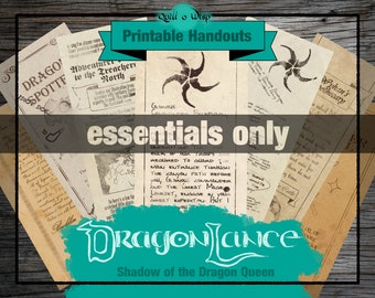 May include: A collection of printable Dragonlance handouts for a Dungeons and Dragons game. The handouts are on aged paper with handwritten text and illustrations. The text includes "Adventure to the Treacher North" and "essentials only". The image also includes the Dragonlance logo and the words "Shadow of the Dragon Queen".