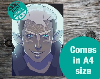 May include: A digital illustration of a character with white hair, blue eyes, and a dark complexion. The character has pointed ears and a tree-like pattern on their forehead. The character is wearing a dark jacket and has a mischievous smile.