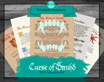 May include: A collection of printable handouts for a D&D supplement, "Curse of Strahd." The handouts feature stylized text and graphics, including a vampire teeth design and the words "The Faith of Strahd." The overall color scheme is beige, teal, and red.
