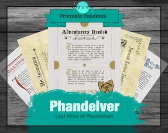 May include: Printable handouts for a Dungeons and Dragons campaign set in the world of Phandelver. The handouts include an adventurers needed notice, a warning, an invitation, and a notice about the Emerald Enclave.