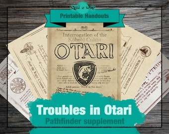 May include: A printable handout for a Pathfinder role-playing game adventure titled "Troubles in Otari". The handout features a vintage-style illustration of a fish and the text "Interrogation of the Kobold Cultist OTARI".