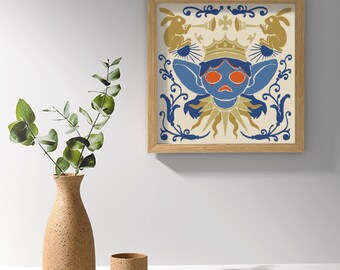 May include: A framed illustration of a blue creature with a crown, surrounded by gold floral designs and two white rabbits. The creature has large, orange eyes and a sad expression.
