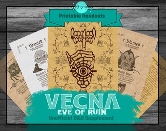 May include: A set of printable handouts for a Dungeons and Dragons campaign featuring Vecna, the god of death, with the text "Vecna Eve of Ruin Unofficial D&D Supplement".