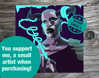 May include: Digital illustration of a person with horns and a glowing blue staff. The person has a purple skin tone and is wearing a black outfit. The background is dark purple. The text "SHOP SMALL" is in a teal circle with white stars.