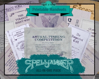 May include: A collection of printable handouts with a fantasy theme. The central document announces an "Astral Fishing Competition." Other papers include phrases like "Faction Report" and "Brave Adventurers Needed." The overall design is vintage with a teal and beige color scheme.