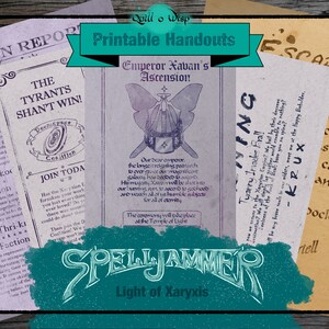 Pode incluir: Folhetos imprim&iacute;veis para o jogo de RPG Spelljammer: Luz de Xaryxis. Os folhetos incluem um relat&oacute;rio de fac&ccedil;&atilde;o, um cartaz de recrutamento, um an&uacute;ncio da ascens&atilde;o do Imperador Xavan e um aviso sobre um invasor tir&acirc;nico.