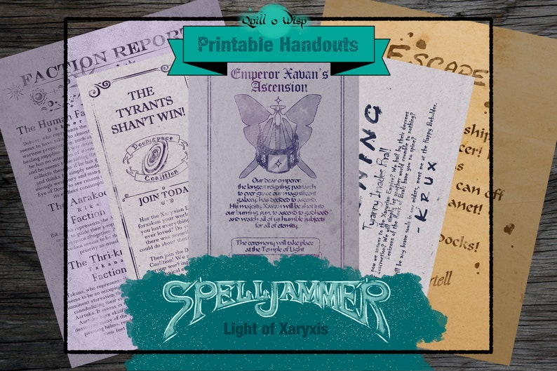 Pode incluir: Folhetos imprim&iacute;veis para o jogo de RPG Spelljammer: Luz de Xaryxis. Os folhetos incluem um relat&oacute;rio de fac&ccedil;&atilde;o, um cartaz de recrutamento, um an&uacute;ncio da ascens&atilde;o do Imperador Xavan e um aviso sobre um invasor tir&acirc;nico.