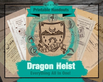 May include: A collection of printable handouts for a Dungeons and Dragons campaign set in Waterdeep. The handouts feature a variety of text and illustrations, including a city crest, a gang war warning, and a trade ward mascot. The text on the handouts reads "Our City", "Beware the Gang War!", "Trade Ward Mascot", "Join", "Monster on the", and "Waterdeep".