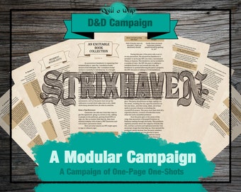 May include: A D&D campaign titled "Strixhaven: A Modular Campaign" with the tagline "A Campaign of One-Page One-Shots". The image shows a stack of printed pages with the title "Strixhaven" in large, stylized font.