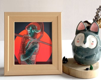 May include: Framed illustration of a green-skinned warrior with horns, holding a sword, against a red and black background.