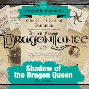 Può includere: Una collezione di fogli di gioco Dragonlance stampabili per un gioco di ruolo. I fogli sono su carta pergamena invecchiata con testo e illustrazioni. Il titolo della collezione è "Shadow of the Dragon Queen: All-In-One".