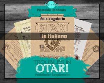 May include: A printable handout for a Pathfinder role-playing game set in the city of Otari, Italy. The handout features a title card with the text "Troubles in Otari" and a crest with a fish. The handout is printed on a parchment-like background.