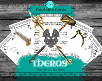 May include: Printable cards for a role-playing game featuring weapons of the Greek gods. The cards are black and white with illustrations of the weapons and text that describes their abilities. The cards are set against a wooden background.
