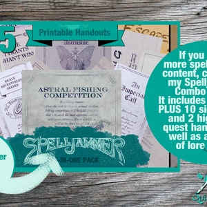 May include: A teal and white graphic with the text "Spelljammer Combo Pack" and "&pound;15". The graphic features a variety of printable handouts for a role-playing game, including "Astral Fishing Competition", "An Imperial Call", and "Brave Adventurers Needed".