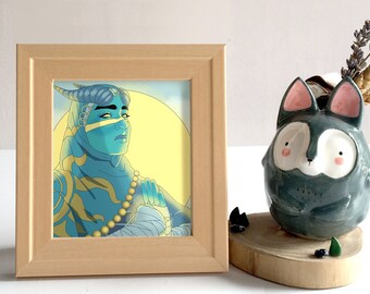 May include: Framed illustration of a blue-skinned person with horns, wearing gold jewelry and a blue and gold patterned garment. The background is a yellow and blue gradient.