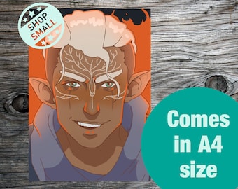 May include: A digital art print featuring a stylized portrait of a character with tan skin, pointed ears, and white hair. The artwork has an orange and blue color scheme. The print is available in A4 size and includes a "Shop Small" sticker.