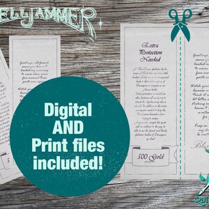 May include: A printable set of two parchment-style scrolls with text about extra protection needed. The scrolls are on a wood background with a teal circle that says "Digital and Print files included!" and a teal feather pen with a teal ink blot.
