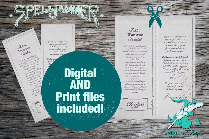 May include: A printable set of two parchment-style scrolls with text about extra protection needed. The scrolls are on a wood background with a teal circle that says "Digital and Print files included!" and a teal feather pen with a teal ink blot.