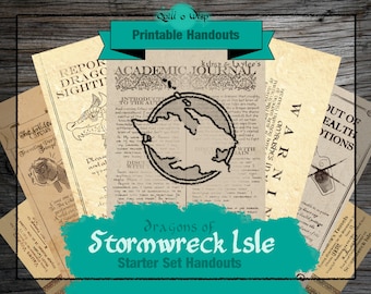 May include: A collection of printable handouts with a fantasy theme. The papers have a vintage aesthetic with text and illustrations. The title "Dragons of Stormwreck Isle" is displayed on a teal banner. The top banner reads "Printable Handouts".
