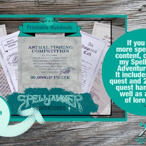 Pode incluir: Um download digital de folhetos imprim&iacute;veis para uma campanha de Spelljammer. A imagem mostra uma variedade de documentos, incluindo um folheto para um concurso de pesca astral com um pr&ecirc;mio de 20.000 PO. O texto "Spelljammer Adventures" &eacute; destacado.