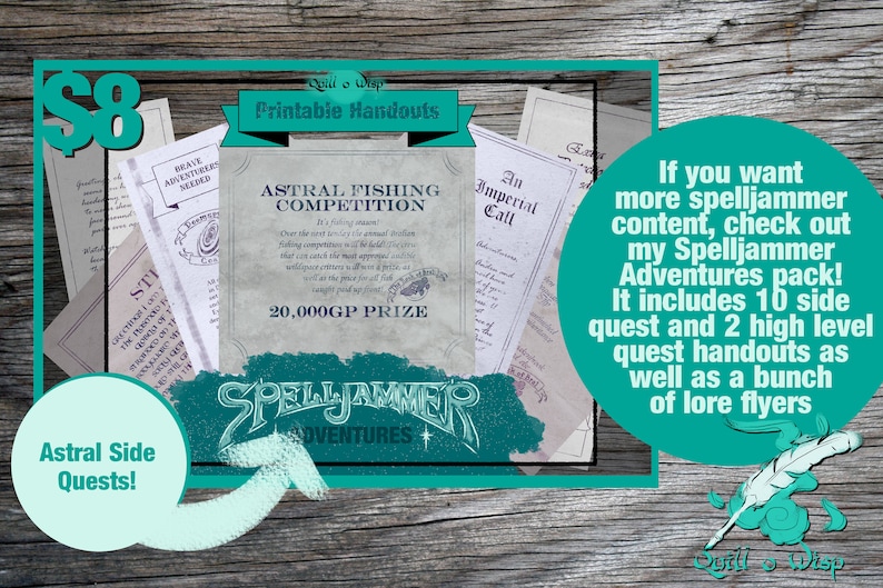 Pode incluir: Um download digital de folhetos imprim&iacute;veis para uma campanha de Spelljammer. A imagem mostra uma variedade de documentos, incluindo um folheto para um concurso de pesca astral com um pr&ecirc;mio de 20.000 PO. O texto "Spelljammer Adventures" &eacute; destacado.