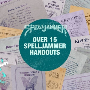 Pode incluir: Um c&iacute;rculo turquesa com o texto "SPELLJAMMER" em branco, em uma fonte estilizada. O c&iacute;rculo &eacute; cercado por v&aacute;rios documentos de papel de estilo vintage com textos como "Beware of Pirates!" e "The Tyrants Shan't Win!" O texto "OVER 15 SPELLJAMMER HANDOUTS" est&aacute; escrito em branco sobre o c&iacute;rculo turquesa.