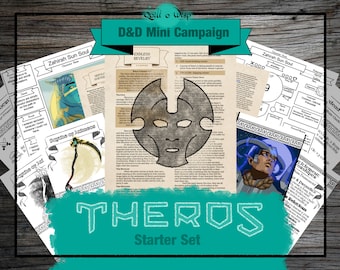 May include: A Dungeons & Dragons mini campaign starter set for the Theros setting. The set includes a variety of printed materials, including character sheets, maps, and adventure modules. The cover art features a gray mask with a stylized face.
