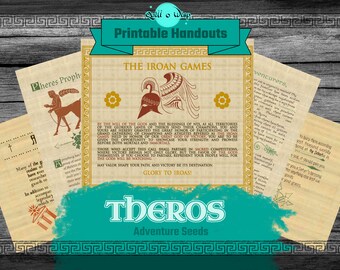 May include: Printable handouts for a tabletop role-playing game set in the world of Theros. The handouts feature a parchment-like background with text and illustrations. The text includes the phrase "The Iroan Games" and "Glory to Iroas!"