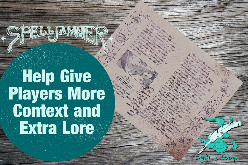 May include: A brown paper document with a hand-drawn illustration of two whales and the text "KINDORI" and "take the trip to the wellbead" on a wooden background. The text "SPELLJAMMER" is in the top left corner of the image.