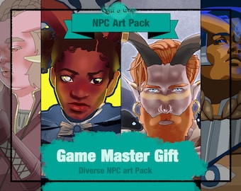 May include: A digital art pack featuring four diverse characters with different skin tones, hair styles, and facial features. The text "Quill o' Wisp NPC Art Pack" and "Game Master Gift Diverse NPC art Pack" is displayed on a teal background.