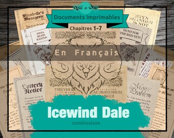 May include: A collage of printable documents for the Icewind Dale role-playing game, in French. The documents are on a wood background and feature a variety of text and illustrations. The title "Documents Imprimables" is in a teal banner at the top of the image. The title "Icewind Dale" is in a teal banner at the bottom of the image.